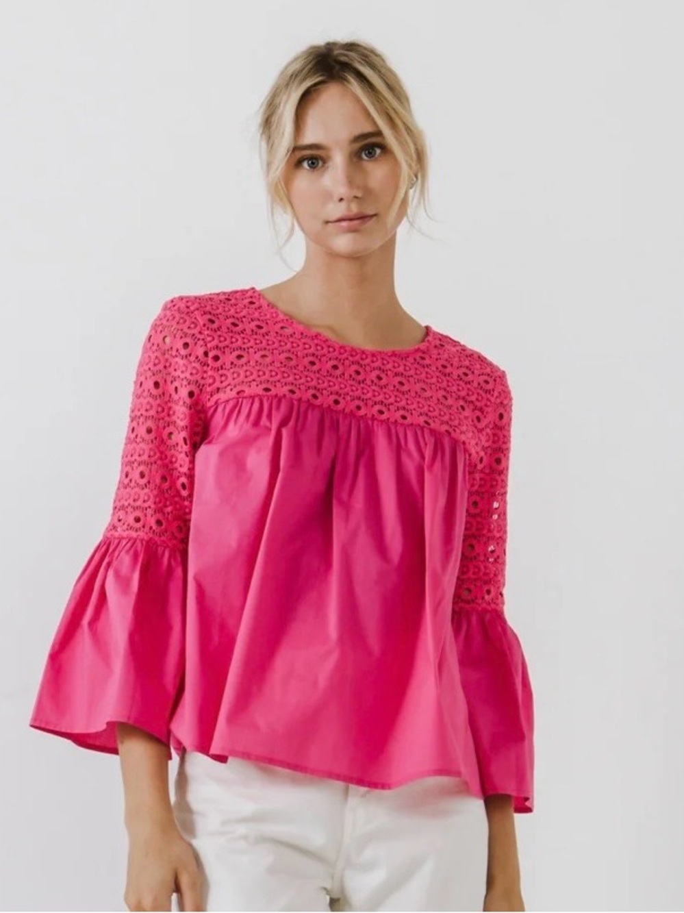 Endless Rose Hot Pink Eyelet Yoke Bell-Sleeve Blouse